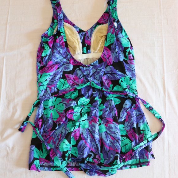 Vintage MAXINE OF HOLLYWOOD Floral Swim dress 14 One Piece Purple Black - Picture 2 of 6
